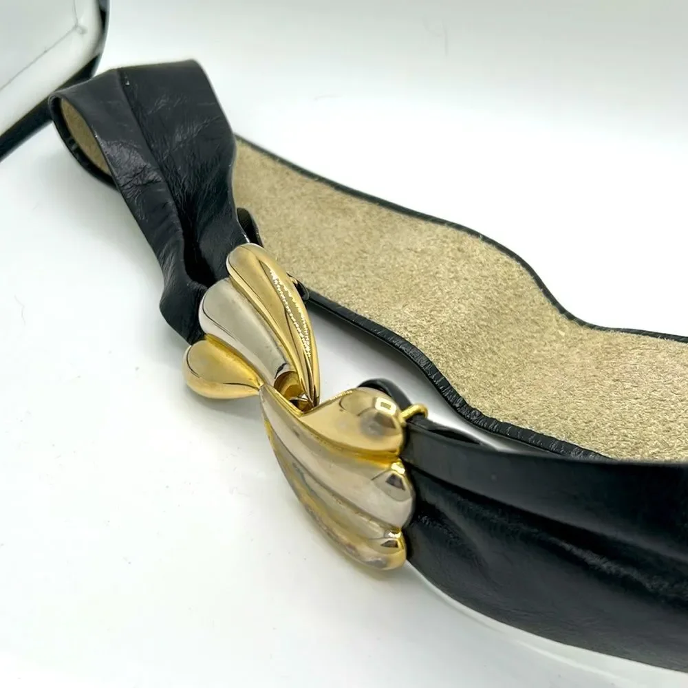 Vintage Black Leather Belt with Gold and Silver Scallop Buckle - Size S